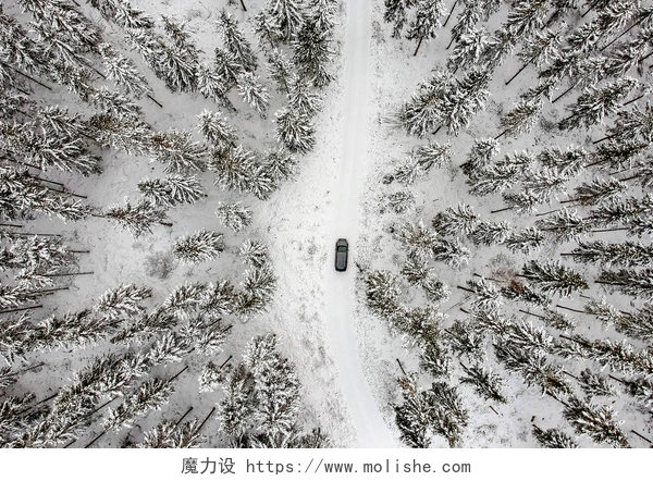 航拍行驶在冬季森林里的汽车冬季森林和汽车鸟瞰图